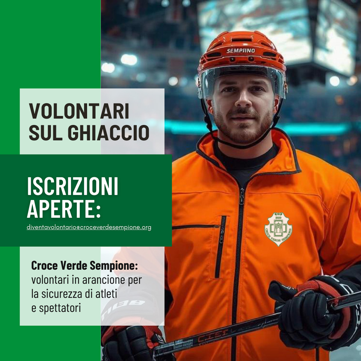Volontario Croce Verde Sempione in divisa arancione simulazione hockey ghiaccio Milano 2026